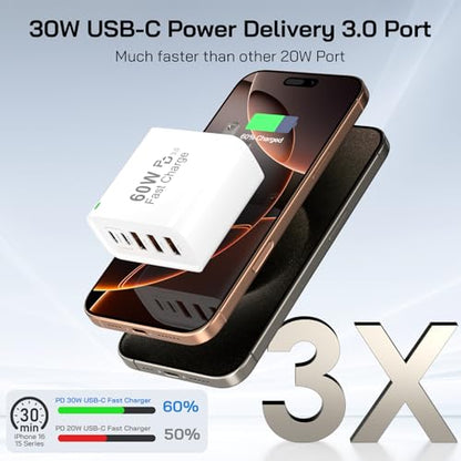 3Pack USB C Fast Charger Block, Total 60W 5-Port USB C Wall Charger 30W - color: 3Pack White