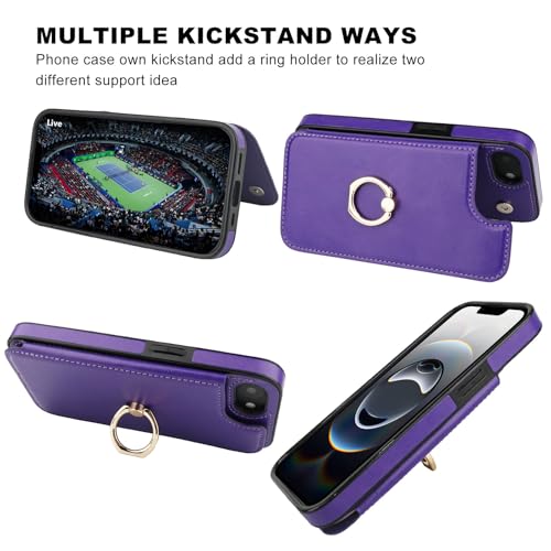 ONETOP for iPhone 17e/16e Wallet Case with Credit Card Holder,Purple | 360° Rotation Ring Kickstand,Finger Grip,Double Magnetic Clasp,RFID Blocking PU Leather Shockproof Cover for Women Men - color: Purple