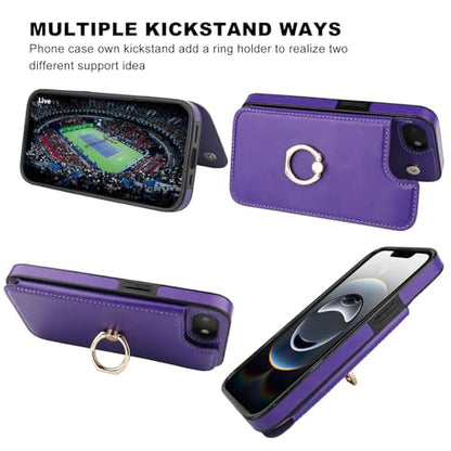 ONETOP for iPhone 17e/16e Wallet Case with Credit Card Holder,Purple | 360° Rotation Ring Kickstand,Finger Grip,Double Magnetic Clasp,RFID Blocking PU Leather Shockproof Cover for Women Men - color: Purple