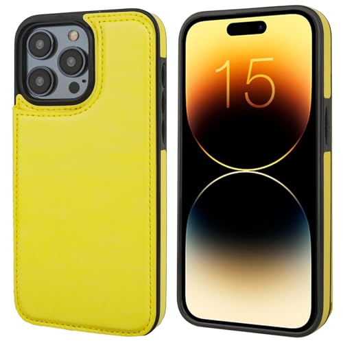 ONETOP Compatible with iPhone 15 Pro Max Wallet Case with Card Holder, PU Leather Kickstand Card Slots Case, Double Magnetic Clasp and Durable Shockproof Cover 6.7 Inch (Yellow) | Kickstand,ID/Cash Holder,Case Wallet with Card Slots,Double Magnetic Clasp,