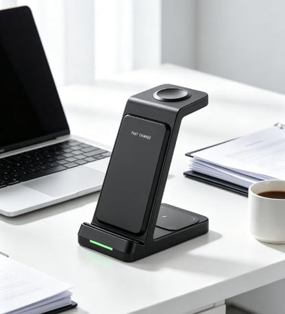Fast Wireless Charging Station, Transform Your Workspace with Our 3-in-1 Wireless Charger & Stylish Charging Stand with Phone Holder for Home and Office,Black