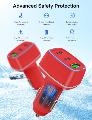 75W USB C Car Charger, 3-Port Super Fast Charging Cigarette Lighte - color: Red