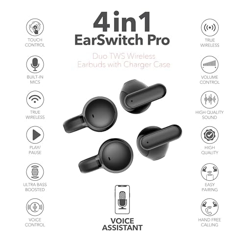 RCA EarSwitch Pro 4-in-1 Duo TWS Wireless Earbuds, Bluetooth 5.4 Open-Ear & in-Ear Dual Buds with LED Charging Case, Touch Control, Built-in Mic, 6H Playtime for Sport & Office (Black) - color: Black