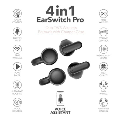 RCA EarSwitch Pro 4-in-1 Duo TWS Wireless Earbuds, Bluetooth 5.4 Open-Ear & in-Ear Dual Buds with LED Charging Case, Touch Control, Built-in Mic, 6H Playtime for Sport & Office (Black) - color: Black