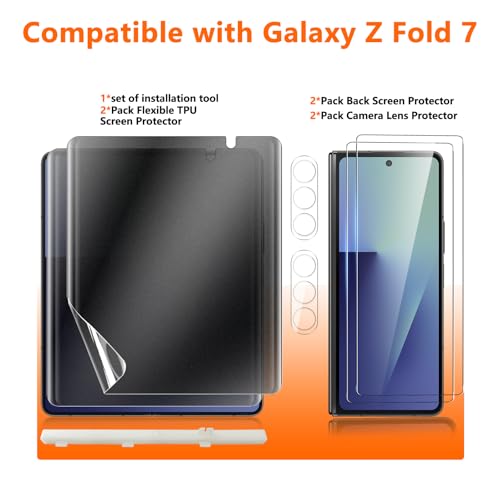 [2Set 6PCS] Screen Protector for Galaxy Z Fold 7, 2 Inner TPU Matte Privacy Films + 2 Outer Tempered Glass + 2 Camera Lens Protecters, Anti-Glare, No Creases, No Bubbles