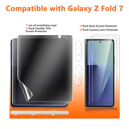 [2Set 6PCS] Screen Protector for Galaxy Z Fold 7, 2 Inner TPU Matte Privacy Films + 2 Outer Tempered Glass + 2 Camera Lens Protecters, Anti-Glare, No Creases, No Bubbles