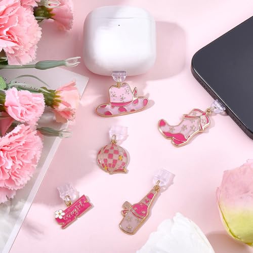 SUNNYCLUE 5pcs Pink Dust Plug Charm Charging Port Charm Enamel Plastic Cute Western Pink Hat Boot Mobile Phone Anti Dustproof Plug Cover Protectors for E-Reader Cellphone Women Laptops Accessories - style: Style 1
