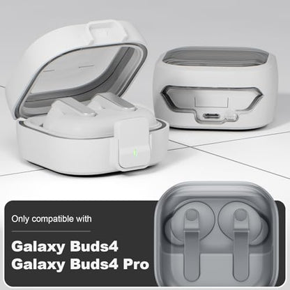 for Samsung Galaxy Buds 4/Buds 4 Pro Case (2026) with Secure Safety Lock Clip,Shockproof Scratch-Resistant TPU Transparent Soft Shell Protective Cover Accessories with Carabiner/Cleaning Kit(White) - color: White