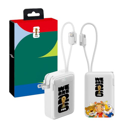 2026 FIFA Licensed Power Bank with Built-in Cable and Foldable Wall Plug, 22.5W 10000mAh Portable Charger, 3-in-1 Power Bank for iPhone 17/16 Series, FIFA World Cup 2026 Official Merchandise, White - color: White