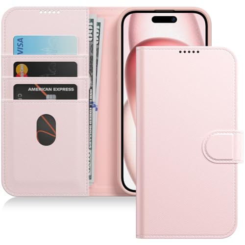 JETech Wallet Case for iPhone 15, Pink | Shockproof PU Leather, Card Holder, Magnetic Flip Cover, Stand Feature, Full Camera Protection - color: Pink