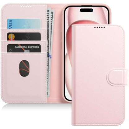 JETech Wallet Case for iPhone 15, Pink | Shockproof PU Leather, Card Holder, Magnetic Flip Cover, Stand Feature, Full Camera Protection - color: Pink