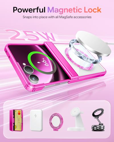 Meifigno for Samsung Galaxy Z Flip 8 Case Compatible with MagSafe, Hot Pink | Raised Camera Protection, Rugged Hinge Protection, Metallic Glossy Plated Edge & Crystal Clear Back, Detachable Glitter Card - color: Hot Pink, size: Z Flip 8