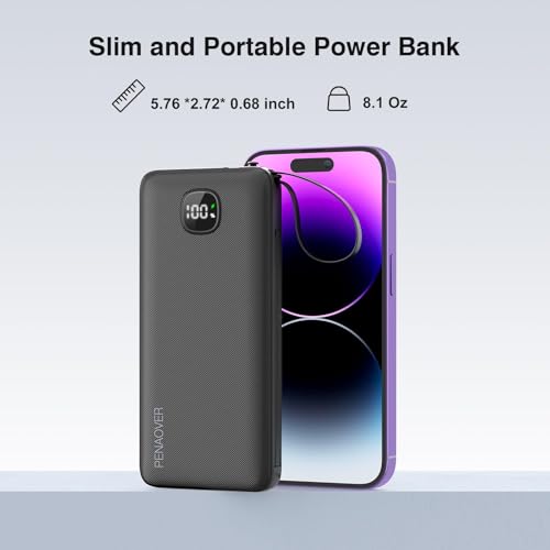 Portable Charger 10000mAh 22.5W Power Bank,Built-in 3 Cables & AC Wall Plug - color: Space Black