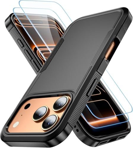 for Apple Recommend Shockproof iPhone 17 Pro Max Case,[15 FT Military Grade Drop Protection],with 2X [Kevlar 9H Glass Screen Protector] Air Bumpers Full-Body Protective Phone Case, Matte Black