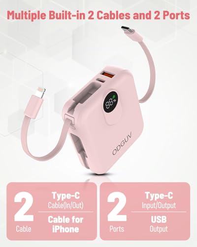 Small Portable Charger with Built-in Cables,22.5W Fast Charging Power Bank,USB-C Mini Battery Pack 10000mAh,Travel Essential Powerbank for iPhone Samsung Android MacBook iPad,Pink - color: pink