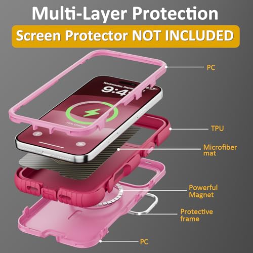 Follaroma Magnetic for iPhone 17 Pro Case with Camera Stand, Pink, 6.3" | Built-in Glass Camera Cover,Compatible with MagSafe,Heavy Duty Shockproof Protective,Military-Grade Anti-DropDual Layer Cover - color: Pink, size: iPhone 17 Pro 6.3''