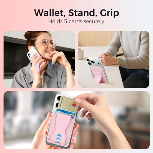 for MagSafe Wallet with Stand Grip, 5 Card Holder for iPhone Pink - color: Pink