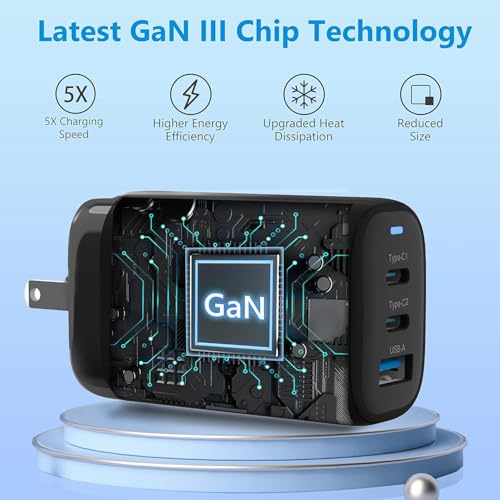 GECENinov 65W USB C Charger Block, GaN 3-Port Fast Compact Foldable Wall Charger, Type C Power Adapter with 5 Feet USB C Cable for iPhone iPad MacBook Air/Pro, Galaxy, Laptop,etc (Black)