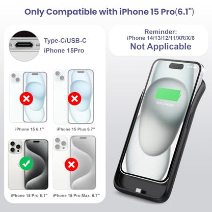 Feob Battery Case for iPhone 15Pro (6.1Inch), Real 7500mAh Ultra Slim Portable & 15W Fast Charging, Rechargeable Protective Extended Charger Case Cover Only for iPhone 15Pro Charging Case-Black - color: Black