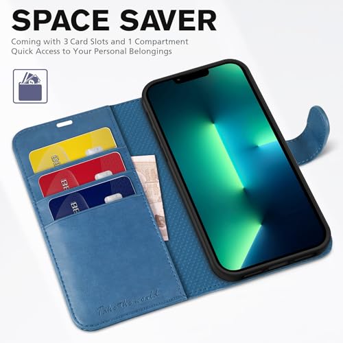 TUCCH Wallet Case for iPhone 13 Pro (6.1") 2021, 3 Card Slots, Lake Blue | RFID Blocking, Viewing Stand, Shockproof TPU Shell, PU Leather, Magnetic Closure, Protective Folio Flip Cover - color: Light Blue