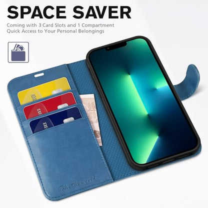 TUCCH Wallet Case for iPhone 13 Pro (6.1") 2021, 3 Card Slots, Lake Blue | RFID Blocking, Viewing Stand, Shockproof TPU Shell, PU Leather, Magnetic Closure, Protective Folio Flip Cover - color: Light Blue