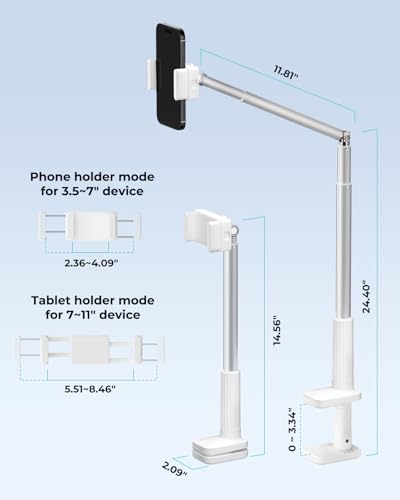 Viozon Tablet Holder Stand, Phone/Kindle Holder with Flexible Aluminum Alloy Long Arm, C Clamp for Headboard Bedside&Table, Compatible with 3.5-11" iPad,Kindle, iPhone 15 14 Plus/Pro Max,W