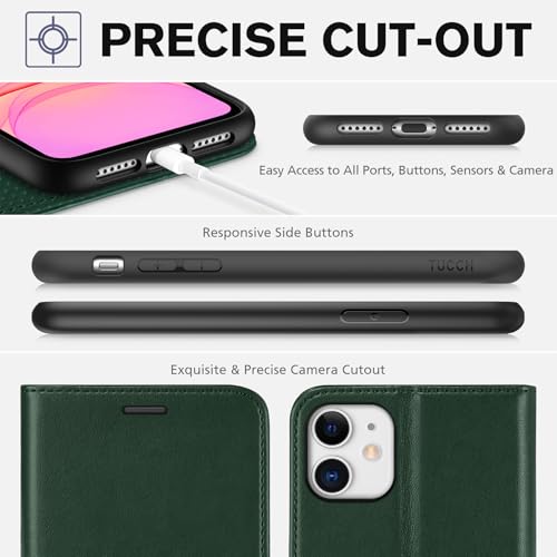 TUCCH Wallet Case for iPhone 11 (6.1") 2019, Flip Stand, Midnight Green | RFID Blocking, 3 Card Holders, Kickstand, PU Leather, Shockproof TPU Shell, Magnetic Closure, Protective Folio Cover - color: Midnight Green