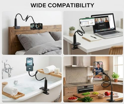 ZTON Universal Cell Phone Holder, Universal Mobile Phone Stand, Lazy Bracket, Flexible Long Arms Clip Mount for iPhone, LG, etc.in Office Bedroom Desktop.(Black) - color: Black