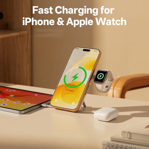 Q Magnetic Wireless Portable Charger 10,000mAh, Travel Essentials Power Bank with Built-in Cables & Foldable Stand, External Battery Pack Compatible with iPhone 17/16/15/14/13/12, Apple Watch - color: White