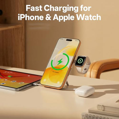 Q Magnetic Wireless Portable Charger 10,000mAh, Travel Essentials Power Bank with Built-in Cables & Foldable Stand, External Battery Pack Compatible with iPhone 17/16/15/14/13/12, Apple Watch - color: White