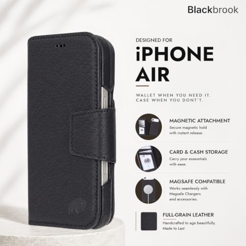 BLACKBROOK Detachable Leather Wallet Case Compatible with iPhone Air | Full-grain detachable folio with RFID blocking, 3 card slots, ID window, built-in kickstand, wireless charging, handcrafted. - color: Pebble Black, size: iPhone 17 Air