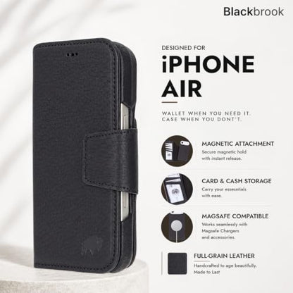 BLACKBROOK Detachable Leather Wallet Case Compatible with iPhone Air | Full-grain detachable folio with RFID blocking, 3 card slots, ID window, built-in kickstand, wireless charging, handcrafted. - color: Pebble Black, size: iPhone 17 Air