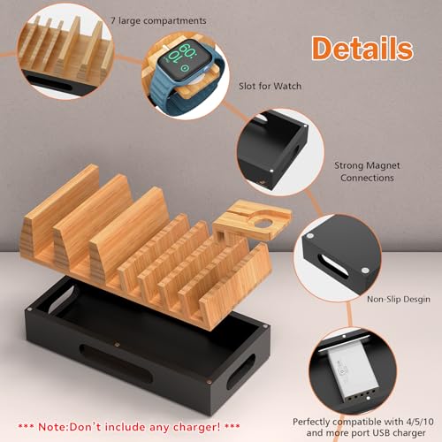 Pezin & Hulin Bamboo Charging Station with 5 Cables-Natural+Black - color: Natural + Black