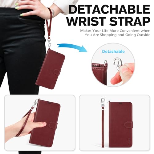 TUCCH Wallet Case with Wrist Strap for iPhone 16 (6.1") 2024, Dark Red | 4 Card Holders, RFID Blocking, Viewing Stand, Shockproof TPU Shell, PU Leather, Magnetic Closure, Folio Flip Cover - color: Strap - Dark Red