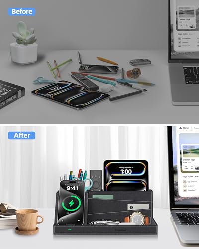Wireless Charger with Desk Organizer, Fast Charging Station - color: Black-Cross Pattern