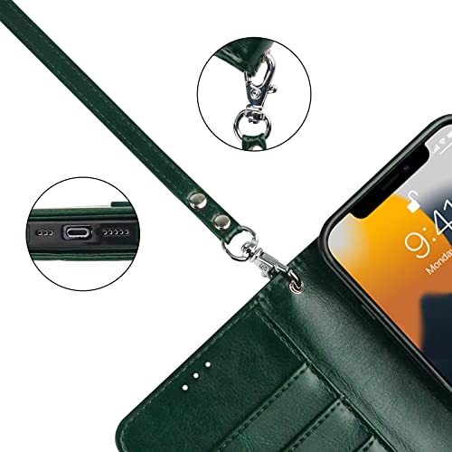 Bocasal Detachable Wallet Case Card Holder for iPhone 13, Green | RFID Blocking Kickstand Card Slots Holder PU Leather Magnetic Shockproof Wrist Strap Removable Flip Protective Cover 6.1 inch - color: Green