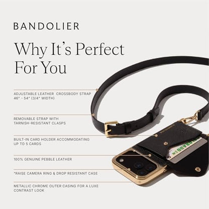 Bandolier Hailey Chrome Leather Crossbody Case iPhone 17 Pro Max - Black/G | Crossbody leather phone case. Built-in wallet w/ snap-closure. Adjustable & removable leather strap. Phone drop protection. - color: Black/Gold Chrome, size: iPhone 17 Pro Max