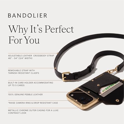 Bandolier Hailey Chrome Leather Crossbody Case iPhone 15 Pro - Black/Gld | Crossbody leather phone case. Built-in wallet w/ snap-closure. Adjustable & removable leather strap. Phone drop protection. - color: Black/Gold Chrome, size: iPhone 15 Pro