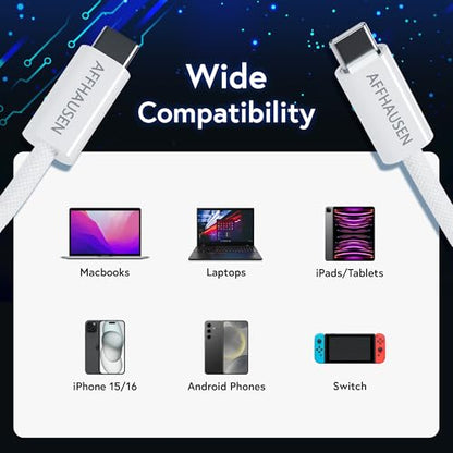 AFFHAUSEN USB-C to USB-C Cable 7ft (2.1m), 240W, Braided White - color: White