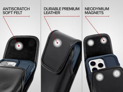 Turtleback Belt Clip for iPhone 16 Pro Max, 15 Pro Max, 14 Pro Max -Small- Fits w/Slim MagSafe Style Cases, Premium Black Leather, Vertical Belt Holder, Magnetic Closure HD Rotating Belt Clip - color: Vertical - Leather w/ HD Clip, size: Small