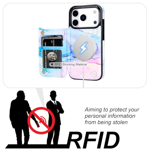 HAOPINSH Wallet Case for iPhone 17 Pro, Compatible with MagSafe Wireless Charging, Pink Blue Marble Pattern Back Flip Folio PU Leather Kickstand Card Slots Case Double Magnetic Clasp Cover 6.3" - color: Pink Blue Marble for MagSafe
