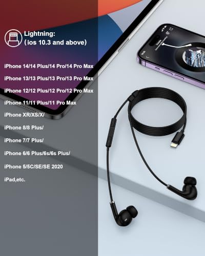 Wired Lightning Ear Buds for Apple Airpods iPhone 14 13, Headphones Earbuds - color: Black