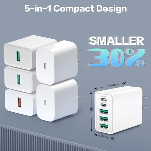 2-Pack USB C Wall Charger, 50W 5-Port USB C Charger Block Fast Charging - color: 2-Pack White