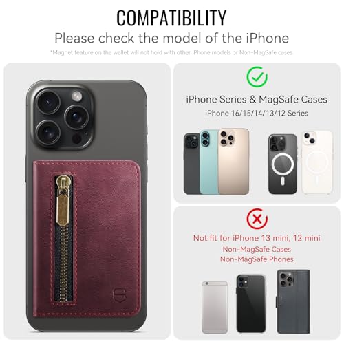 Strapurs Magnetic Card Holder Compatible with MagSafe Phones and Cases, PU Leather Phone Wallet for iPhone 17/16/15/14/13/12/Pro/Max/Plus/Air, 4 Card Slots RFID Blocking with Zipper Pocket - Burgundy - color: Wine Red