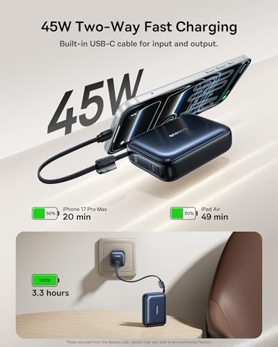Baseus PicoGo AC22 Mini Power Bank, 20000mAh 45W PD Portable Charger Built-in USB-C Cable, Travel Essential Compact Battery Pack, Fast Charging for iPhone Duo/18/17/16/15 Samsung S26/S25 Pixel 11 iPad - color: Midnight Black