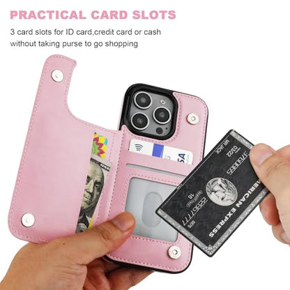 ONETOP for iPhone 16 Pro Wallet Case with Credit Card Holder,Pink | Kickstand,ID/Cash Holder,Case Wallet with Card Slots,Double Magnetic Clasp,Durable PU Leather Shockproof Cover for Women Men - color: Pink