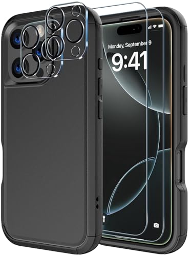 Diverbox for iPhone 16 Pro Case [Shockproof] [Dropproof] [Tempered Glass Screen Protector + Camera Protectors] Heavy Duty Protection Phone Case Cover for Apple iPhone 16 Pro (Black) - color: Black, size: For iphone 16 Pro