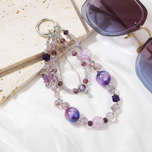 WOZEAH Phone Charm for Women, Beaded Wrist Strap Lanyard with Tether Tab – Anti-Theft Hands-Free Detachable Phone Chain Wristlet - color: DarkPurple Butterfly