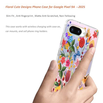for Google Pixel 9a Case 2025: (Garden) | Slim Clear Matte, Cute Flowers Floral Design, for Girls Women, Rugged TPU Bumper, Shockproof Silicone Cell Phone Cover - color: Garden Rose