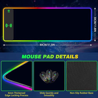 AIMSA Wireless Charging RGB Gaming Mouse Pad 15W, Extended LED Desk Mat Protector 800x300x4MM, 14 Light Modes Extra Large Mousepad Non-Slip Rubber Base Desk Mat, Cool Black - color: Cool Black
